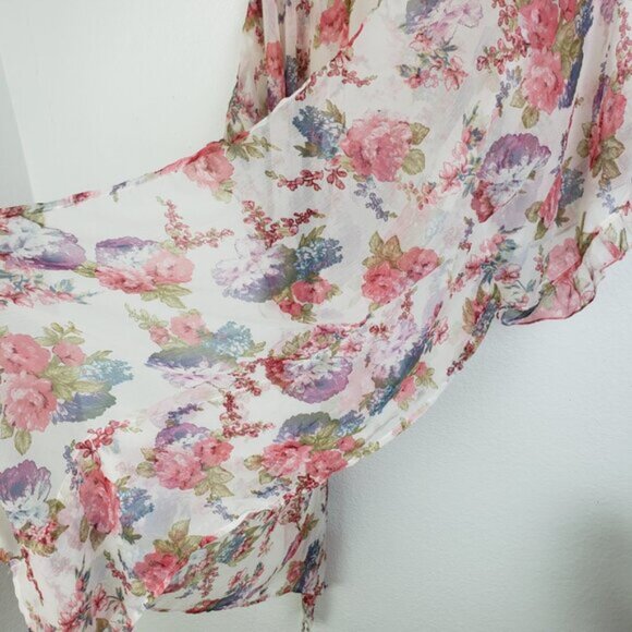 Betsey Johnson Floral Print Sheer Kimono Ruffled Swim Cover-up Loungewear O/S - Picture 10 of 12
